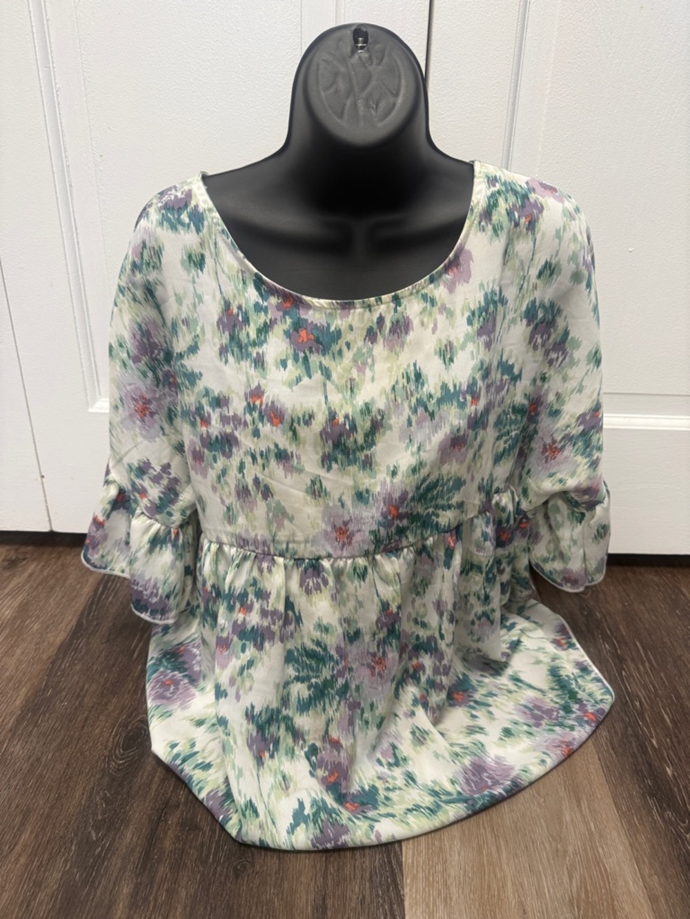 Lovely Melody White Floral Peplum Tunic with Green & Purple Accents
